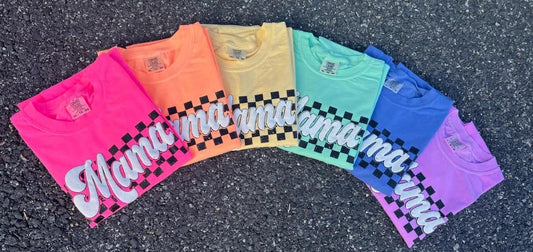Rainbow Checkered Mama PUFF Tees  (S,XL,2X,3X,4X)