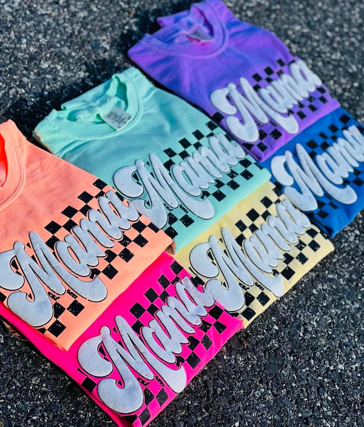 Rainbow Checkered Mama PUFF Tees  (S,XL,2X,3X,4X)