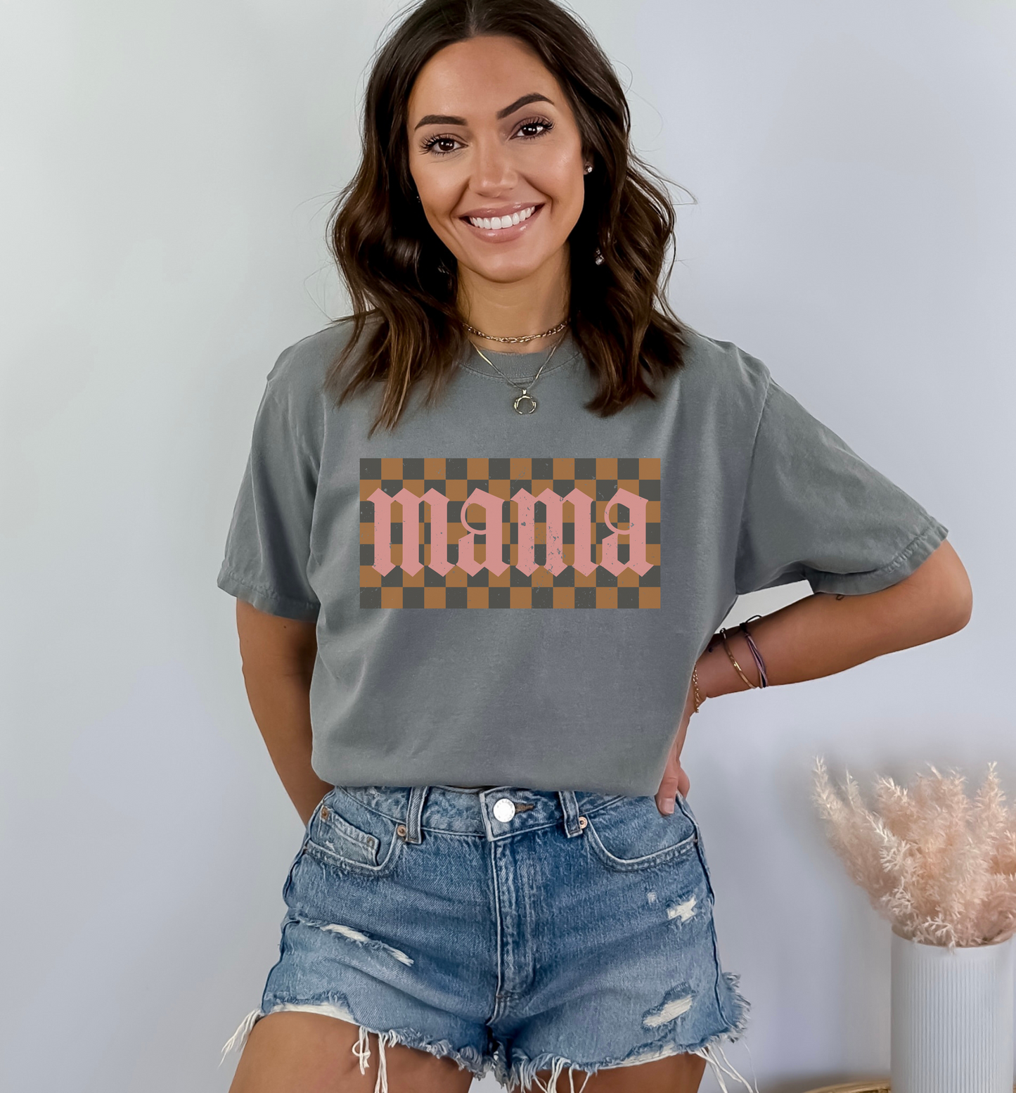 Brown & Pink Checkered Mama - Tee